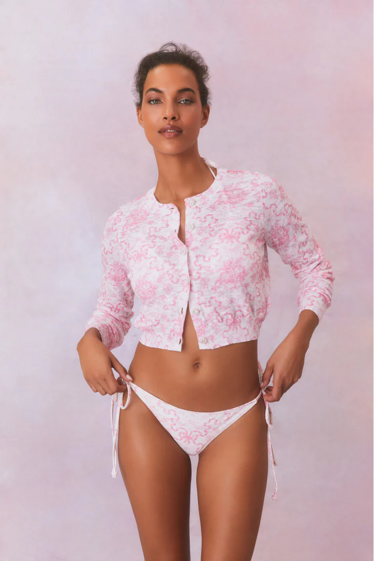 Pinky Bow Print Cardigan - Mymoui